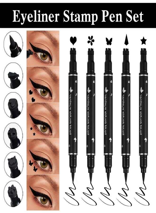PERVALA 5Pcs Liquid Winged Eyeliner Stamp Pen Set, Dual-Ended Liquid Eyeliner for Perfect Wing Cat Eyes, Waterproof Smudge-Proof Stamp for All Eye Shapes (Star,Heart,Flower,Butterfly,Triangle) - Image 2